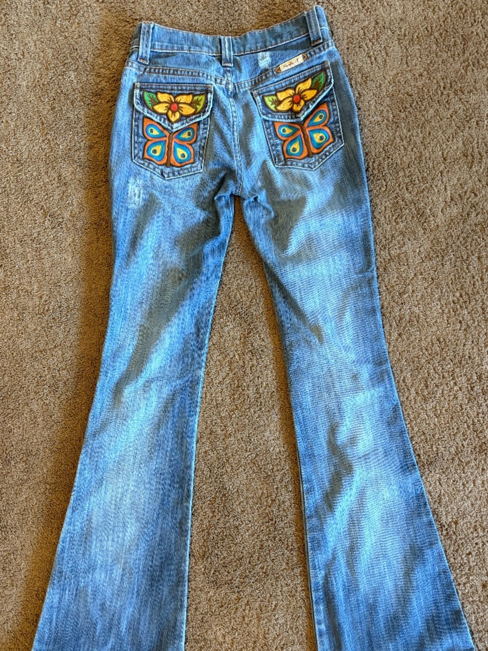 Frankie B. Low-Rise Flare Jeans with Butterfly + Flower Embroidery - Size 2